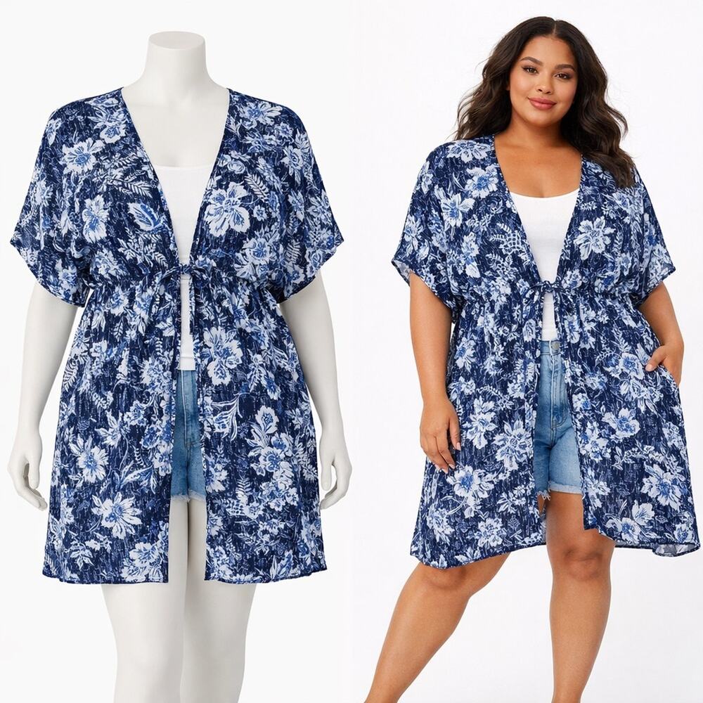 Torrid Floral Kimono Cover Up Dress Blue White Size 1/2 Boho Lightweight